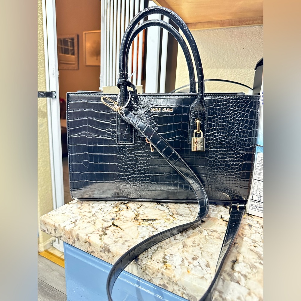 Anne Klein Black Croc-Embossed Satchel with Gold Hardware